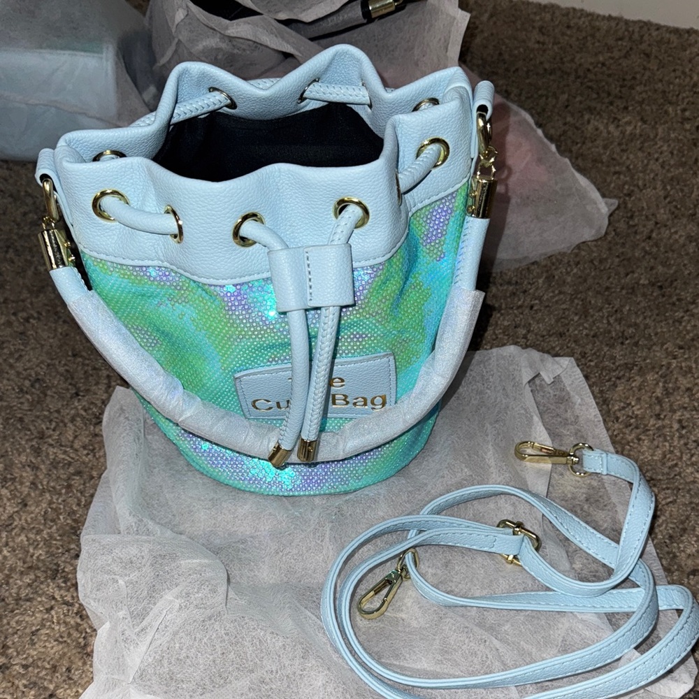 Chic Light Blue and Iridescent Mini Bucket Bag